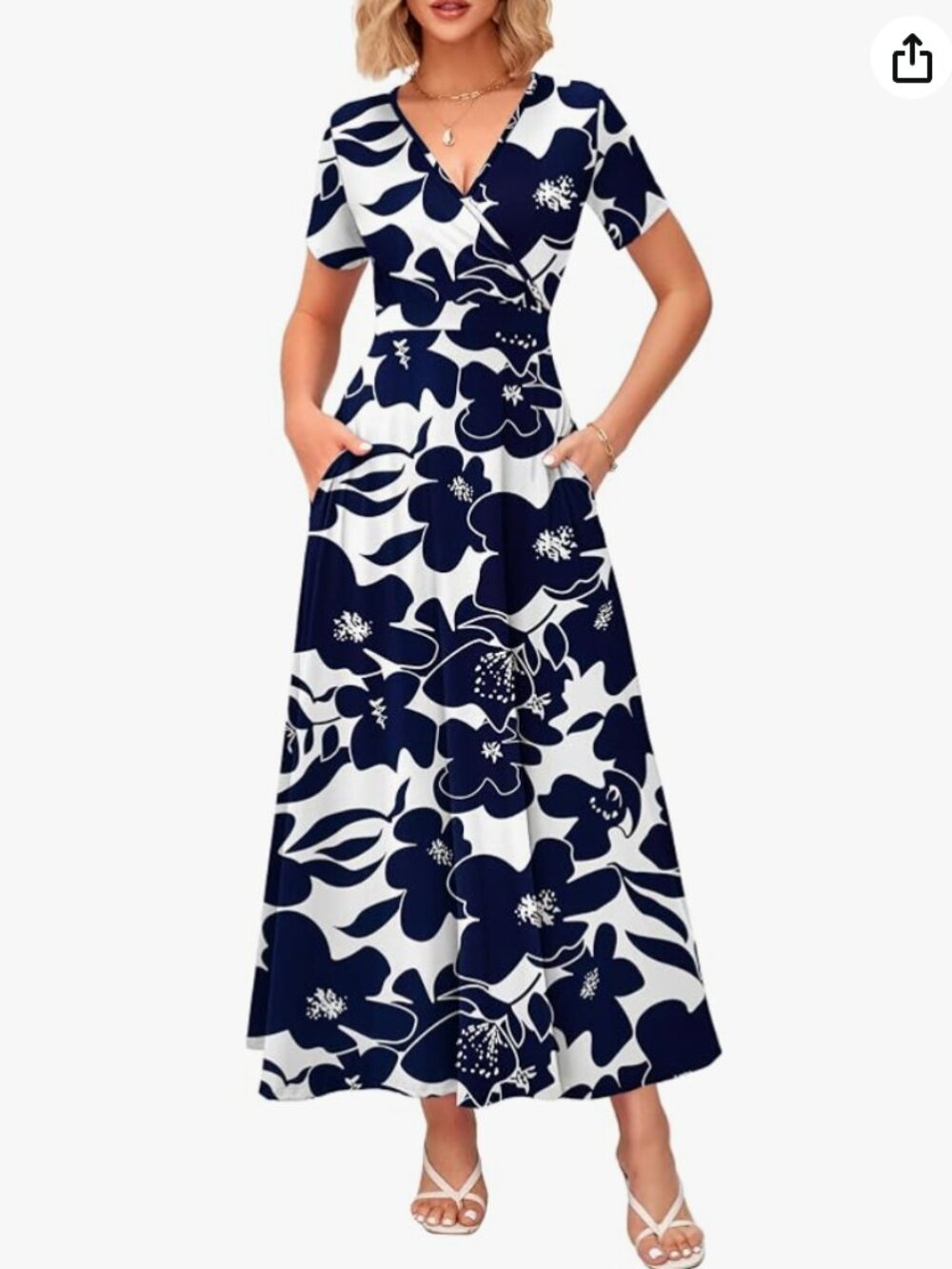 WNEEDU Women's Summer Maxi Dress Wrap Short Sleeve with Pockets -